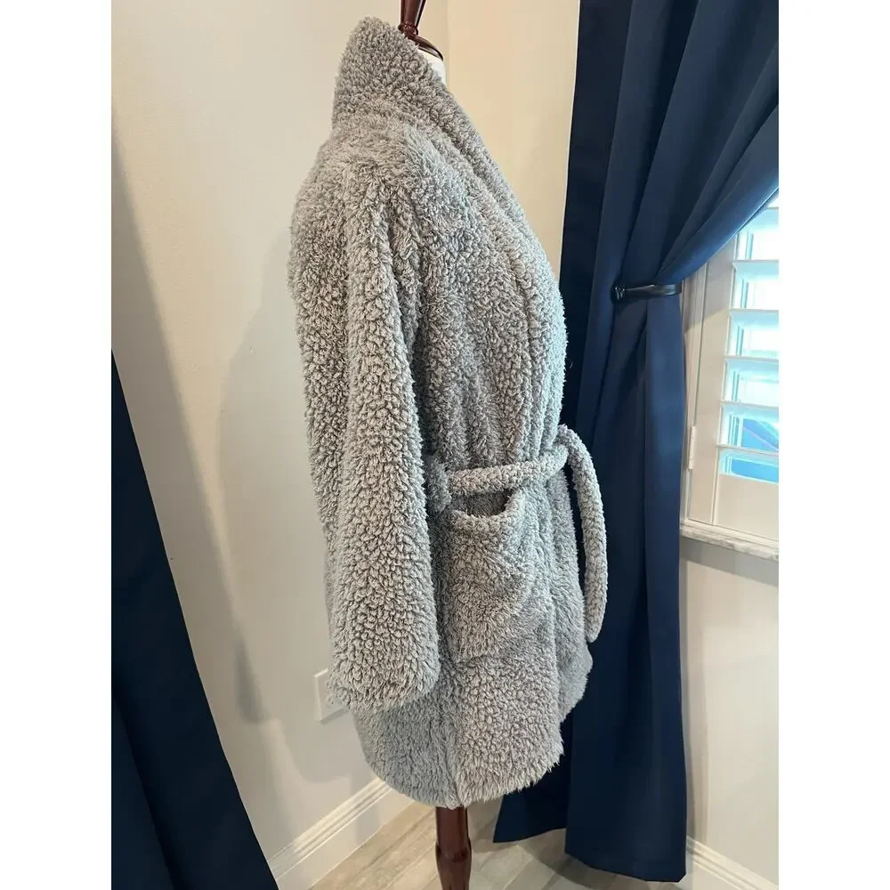 NATORIE Josie Plush Thigh Length Robe-Small-Pockets-Tie Closure-Gray-Soft-Lounge